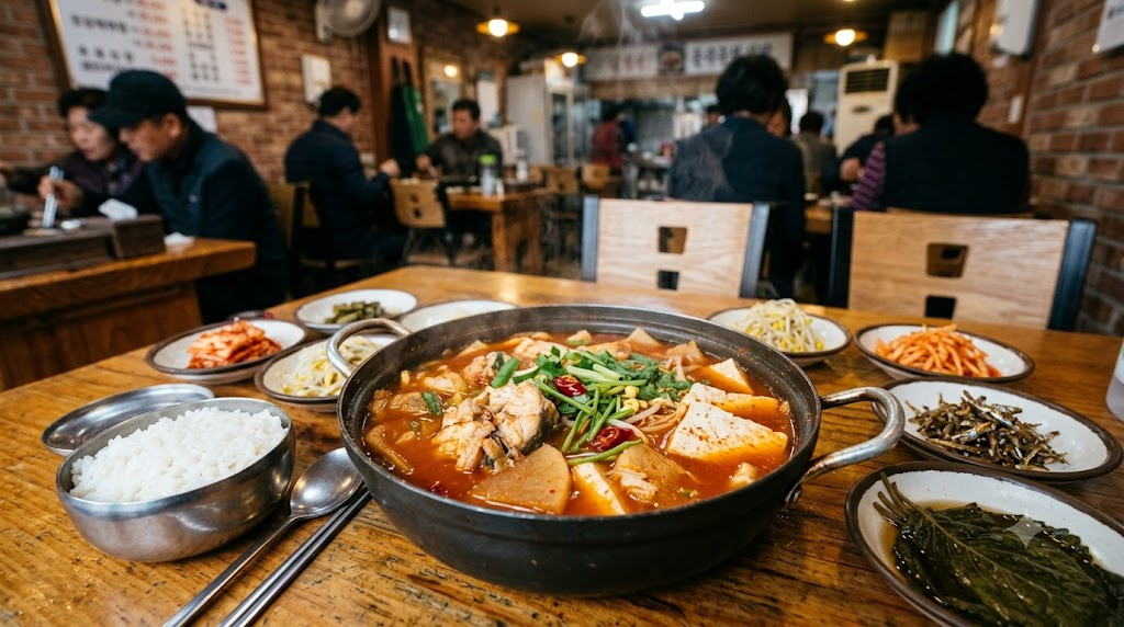동태탕 이름 뜻 동태가 중심 재료인 국물 음식과 반찬이 함께 놓인 겨울 식당 상차림