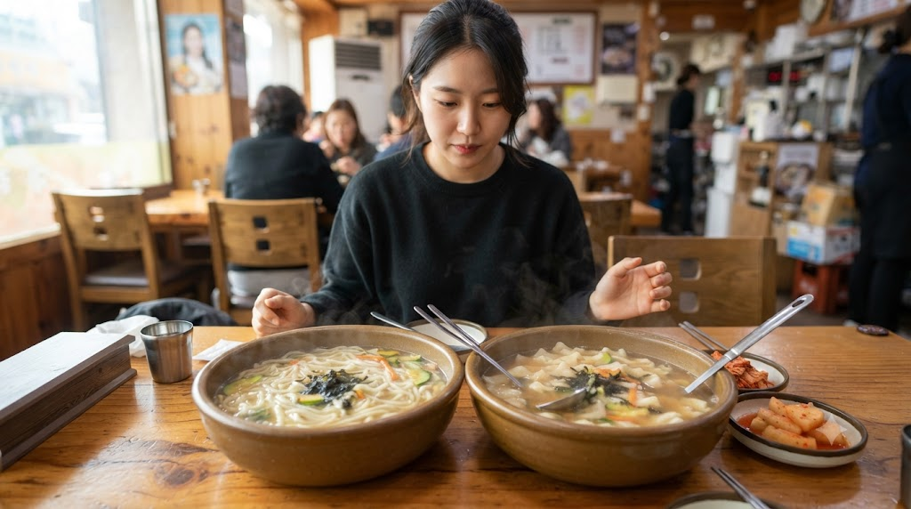 칼국수 수제비 식당에서 긴 면발의 칼국수와 납작한 반죽의 수제비를 비교해 고르는 장면